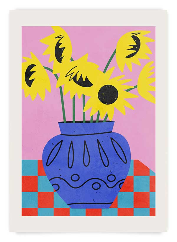 Tablou modern still life in culori puternice roz si galben pe fundal bej Happy life 2
